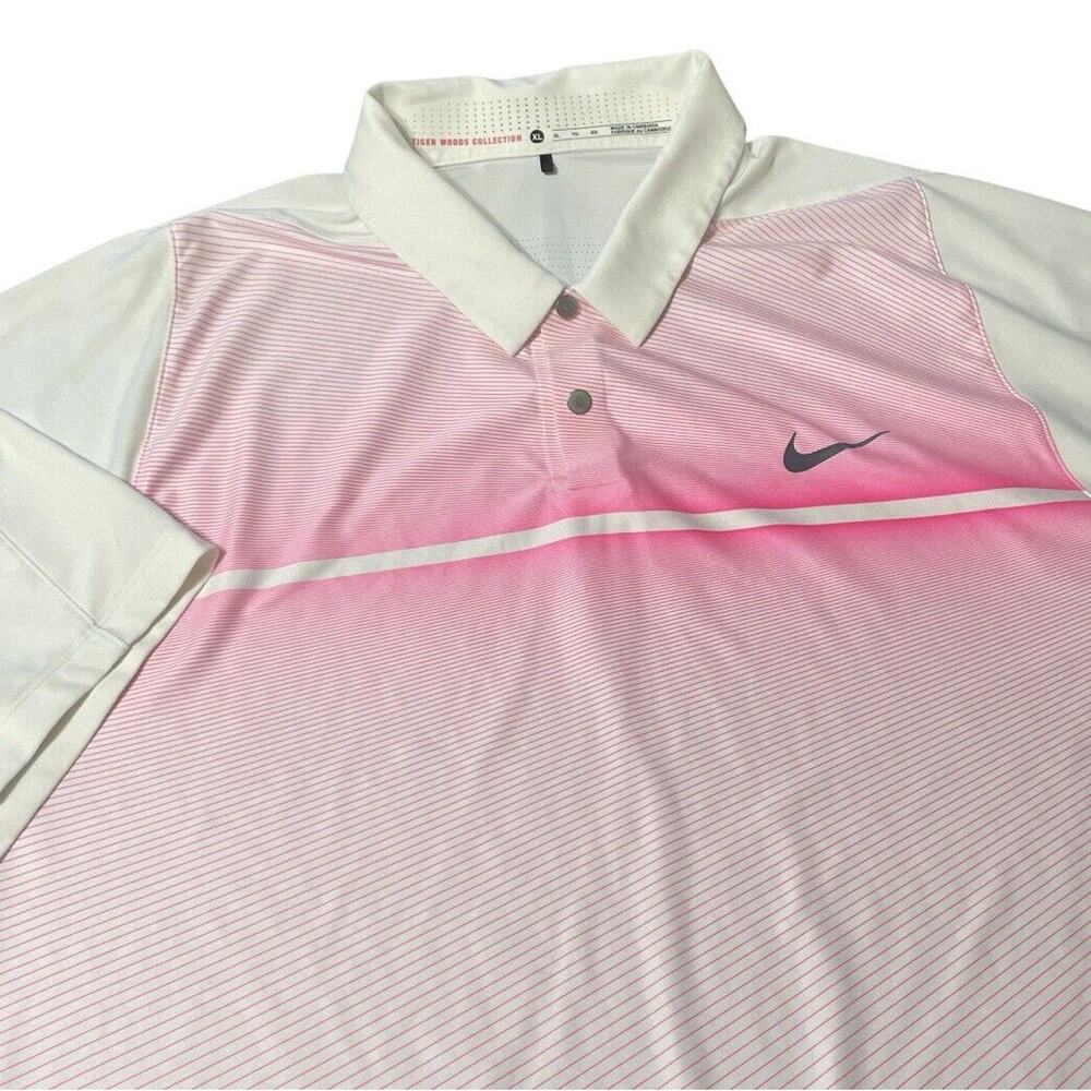 Nike Tiger Woods Collection Golf Snap Front Polo Shirt Stripes Pink White XL Men